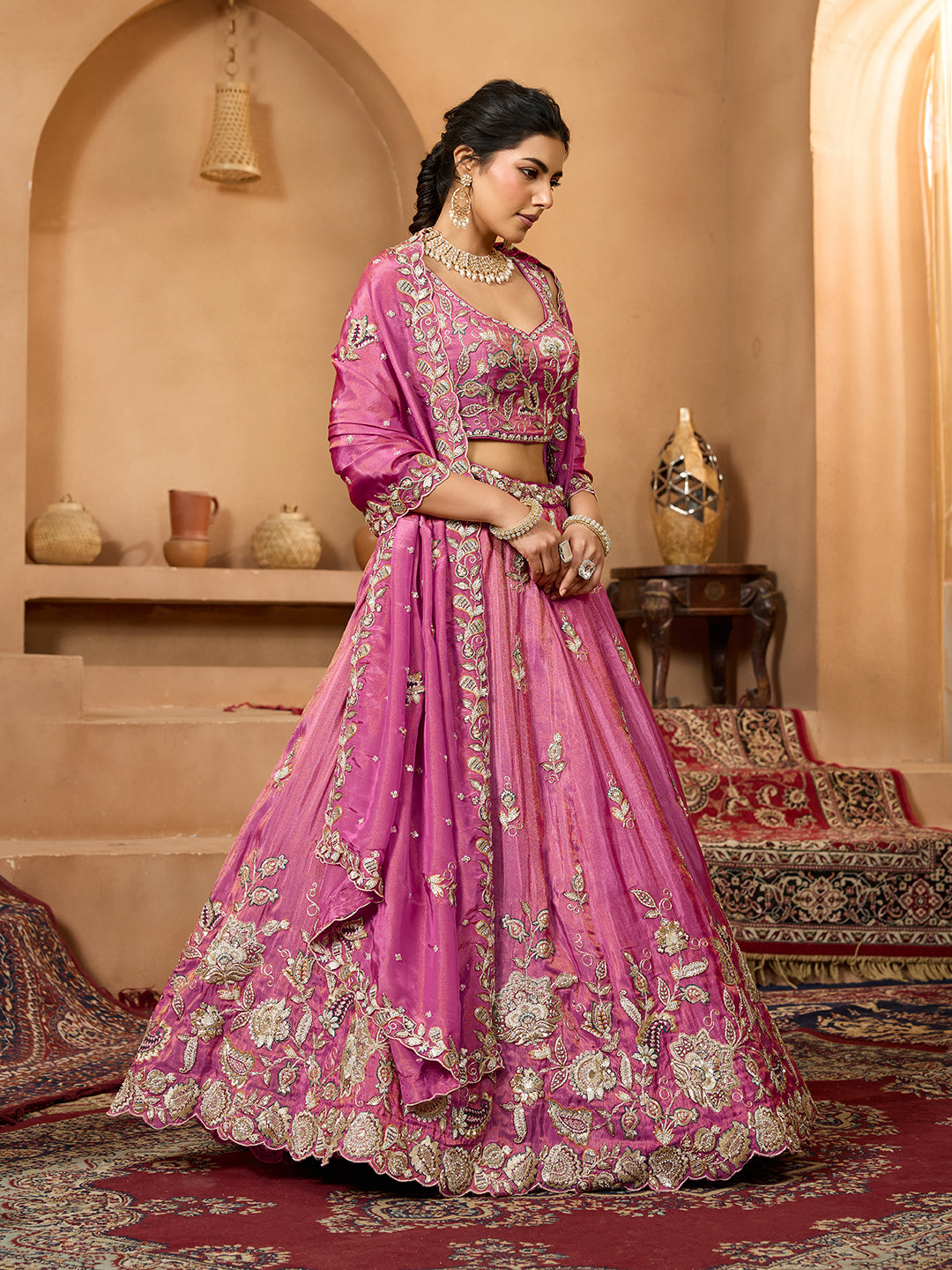 Pink- Tissue Fabric Sequins embroidery Semi-Stitched Lehenga & Unstitched Blouse With Dupatta - qivii