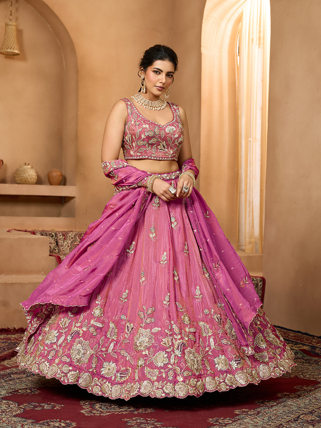 Pink- Tissue Fabric Sequins embroidery Semi-Stitched Lehenga & Unstitched Blouse With Dupatta - qivii
