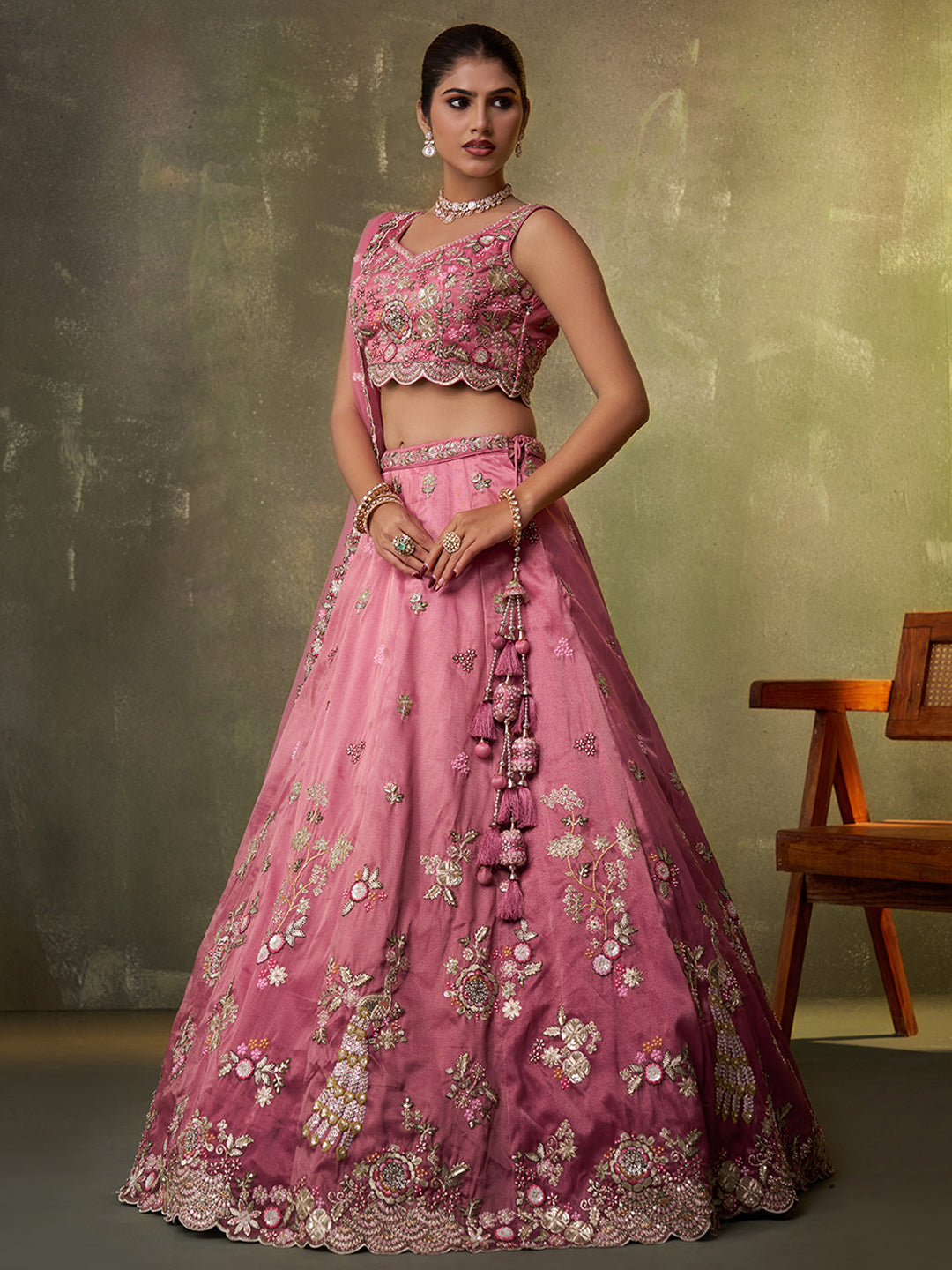 PINK - Tissue Fabric Sequins embroidery Lehenga & Unstitched Blouse With Dupatta
