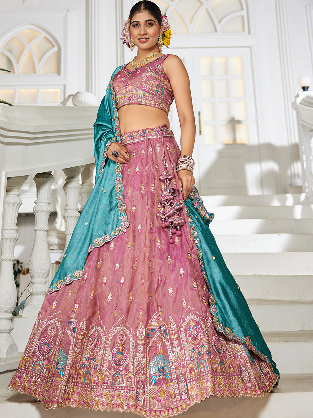 Pink - Tissue Sequinse embroidery Lehenga choli & Dupatta