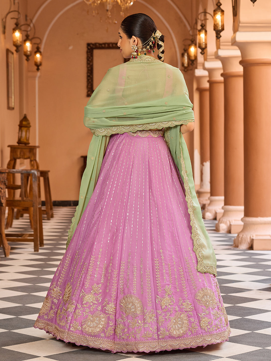 Pink- Tissue Silk Fabric Sequins embroidery Lehenga & Unstitched Blouse With Dupatta
