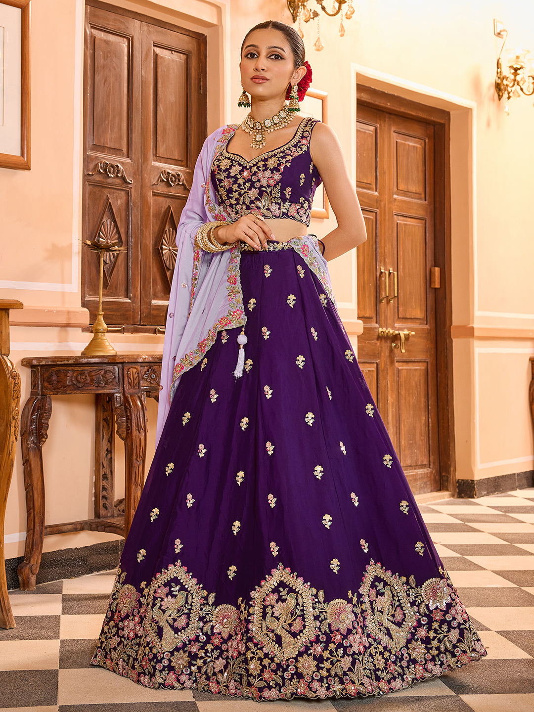 PURPLE - Georgette Fabric Sequins embroidery Lehenga & Unstitched Blouse With Dupatta