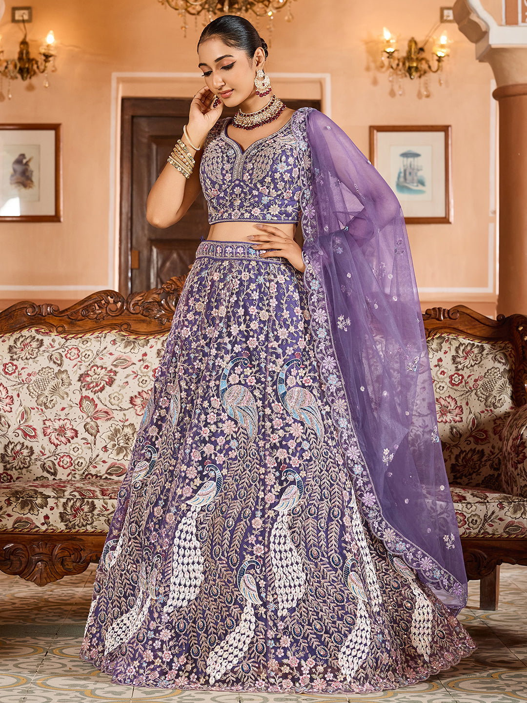 PURPLE - Net Fabric Sequins embroidery Semi-Stitched Lehenga & Unstitched Blouse With Dupatta