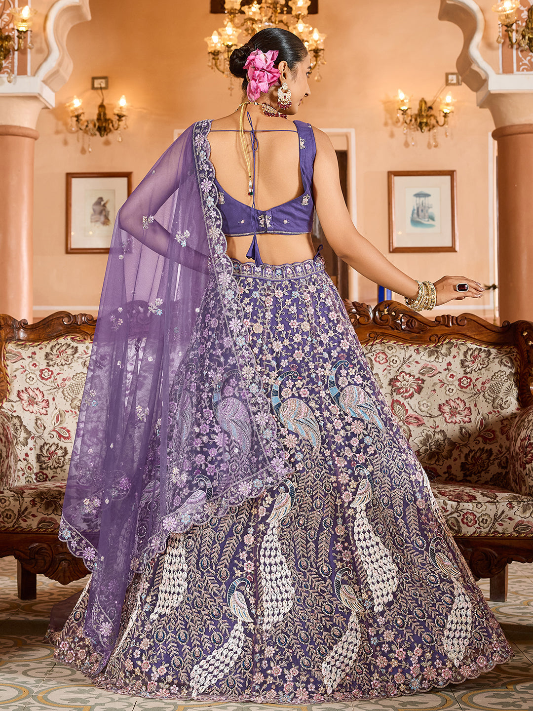 PURPLE - Net Fabric Sequins embroidery Semi-Stitched Lehenga & Unstitched Blouse With Dupatta