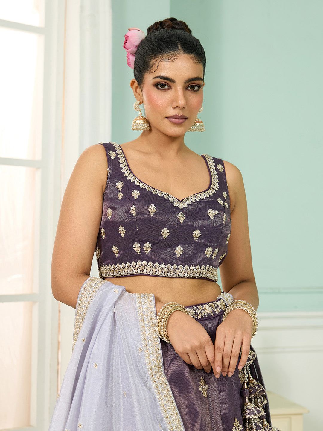 Purple- Tissue Fabric Sequins embroidery Semi-Stitched Lehenga & Unstitched Blouse With Dupatta - qivii