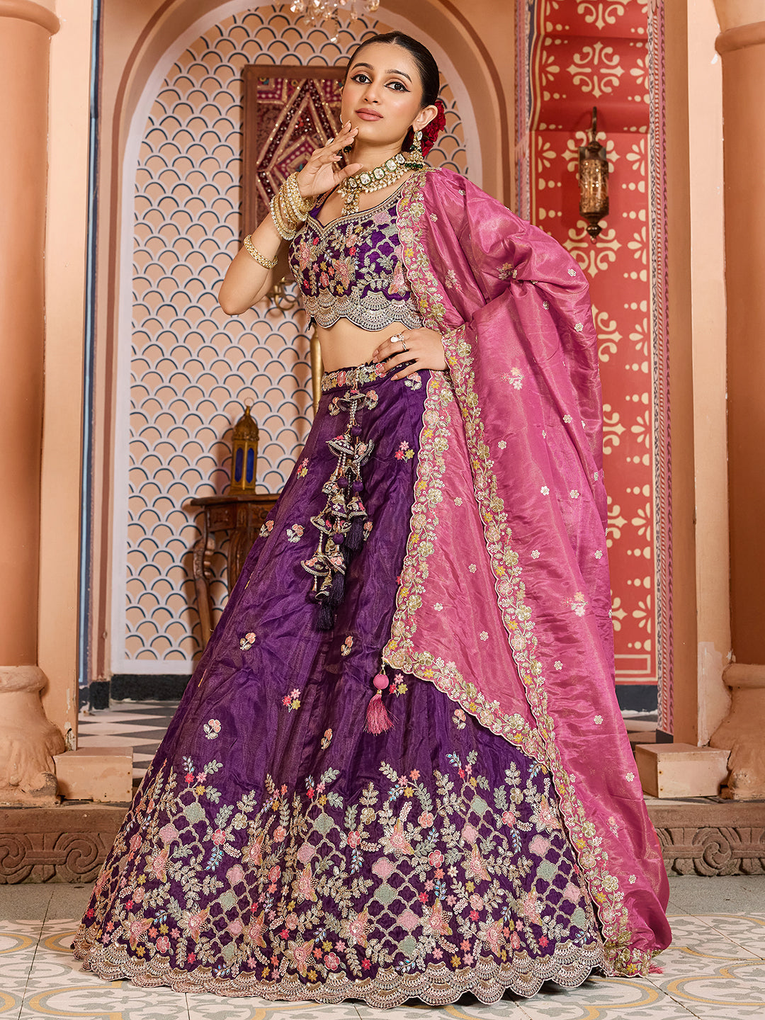 PURPLE - Tissue Fabric Sequins embroidery Semi-Stitched Lehenga & Unstitched Blouse With Dupatta