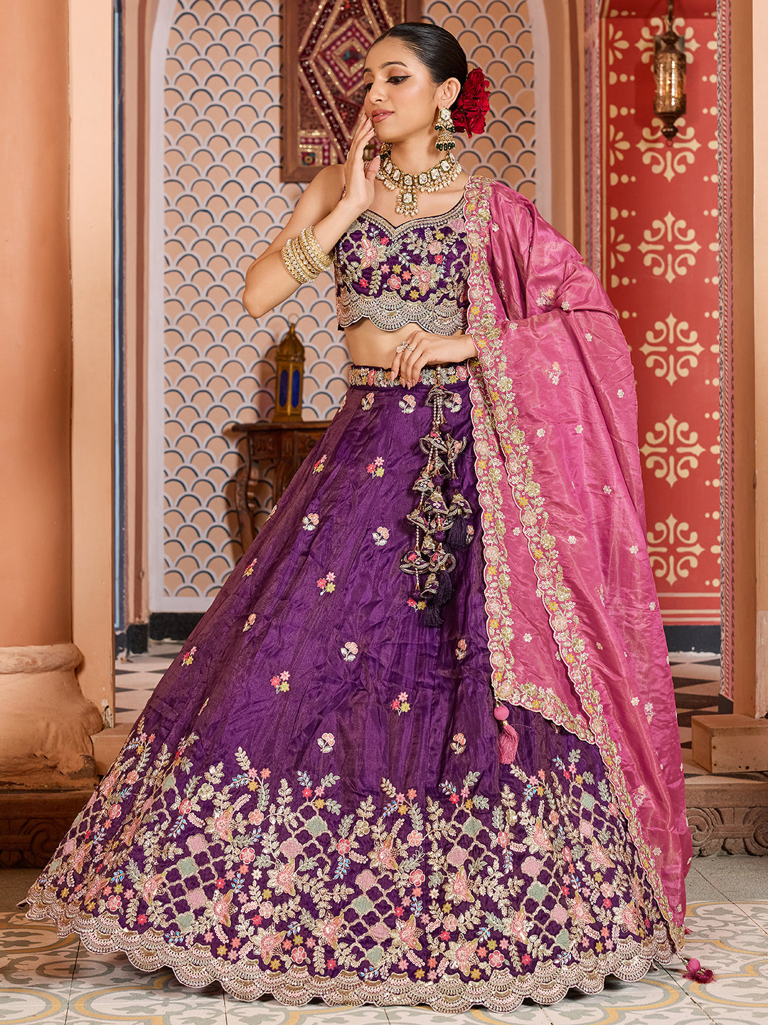PURPLE - Tissue Fabric Sequins embroidery Lehenga & Unstitched Blouse With Dupatta