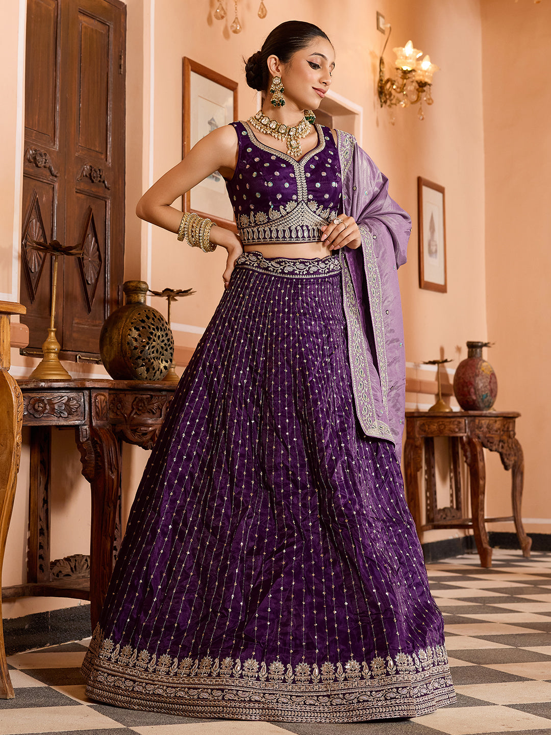 PURPLE - Tissue Silk Fabric Sequins embroidery Lehenga & Unstitched Blouse With Dupatta