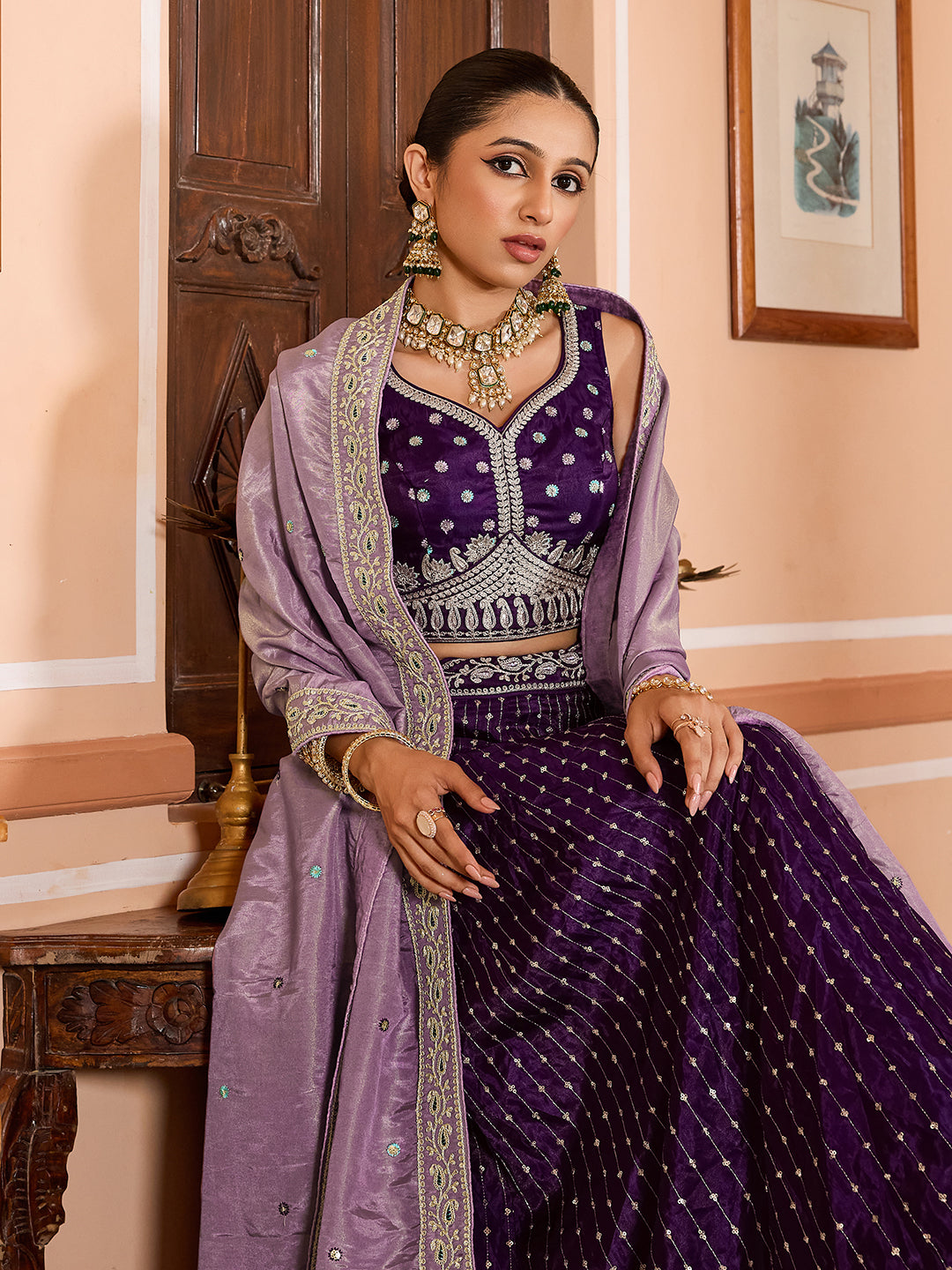 PURPLE - Tissue Silk Fabric Sequins embroidery Semi-Stitched Lehenga & Unstitched Blouse With Dupatta