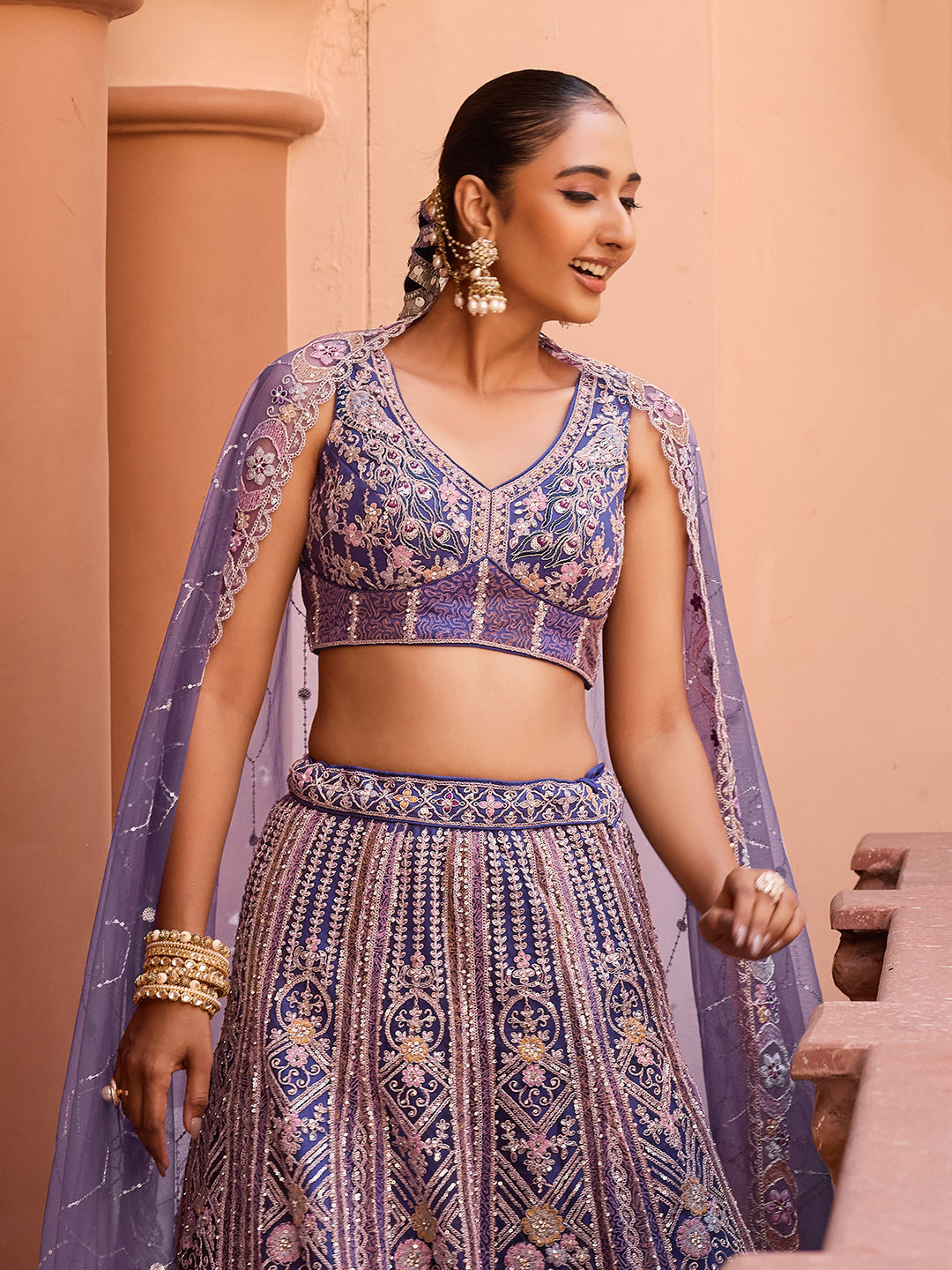 PURPLE - Net Fabric Sequins embroidery Lehenga & Unstitched Blouse With Dupatta