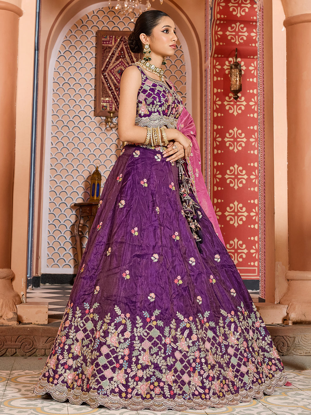 PURPLE - Tissue Fabric Sequins embroidery Lehenga & Unstitched Blouse With Dupatta