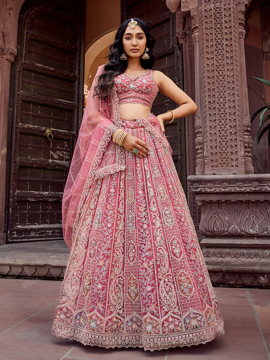 ROSEGOLD - Net Fabric Sequins embroidery Lehenga & Unstitched Blouse With Dupatta