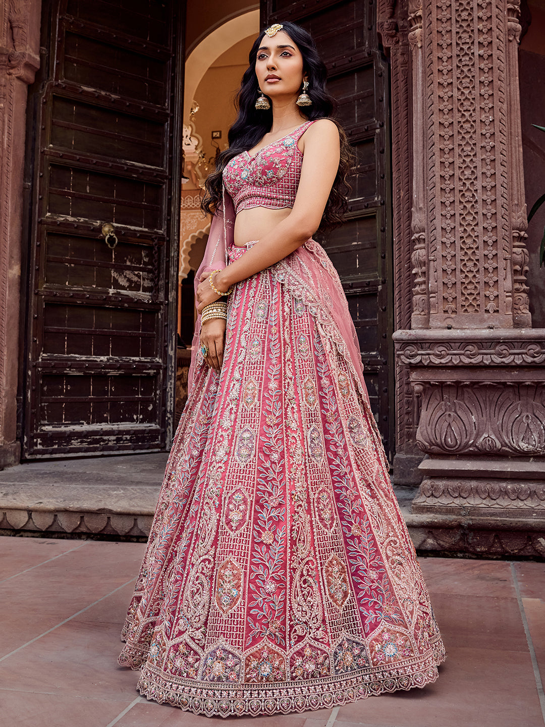 ROSEGOLD - Net Fabric Sequins embroidery Lehenga & Unstitched Blouse With Dupatta