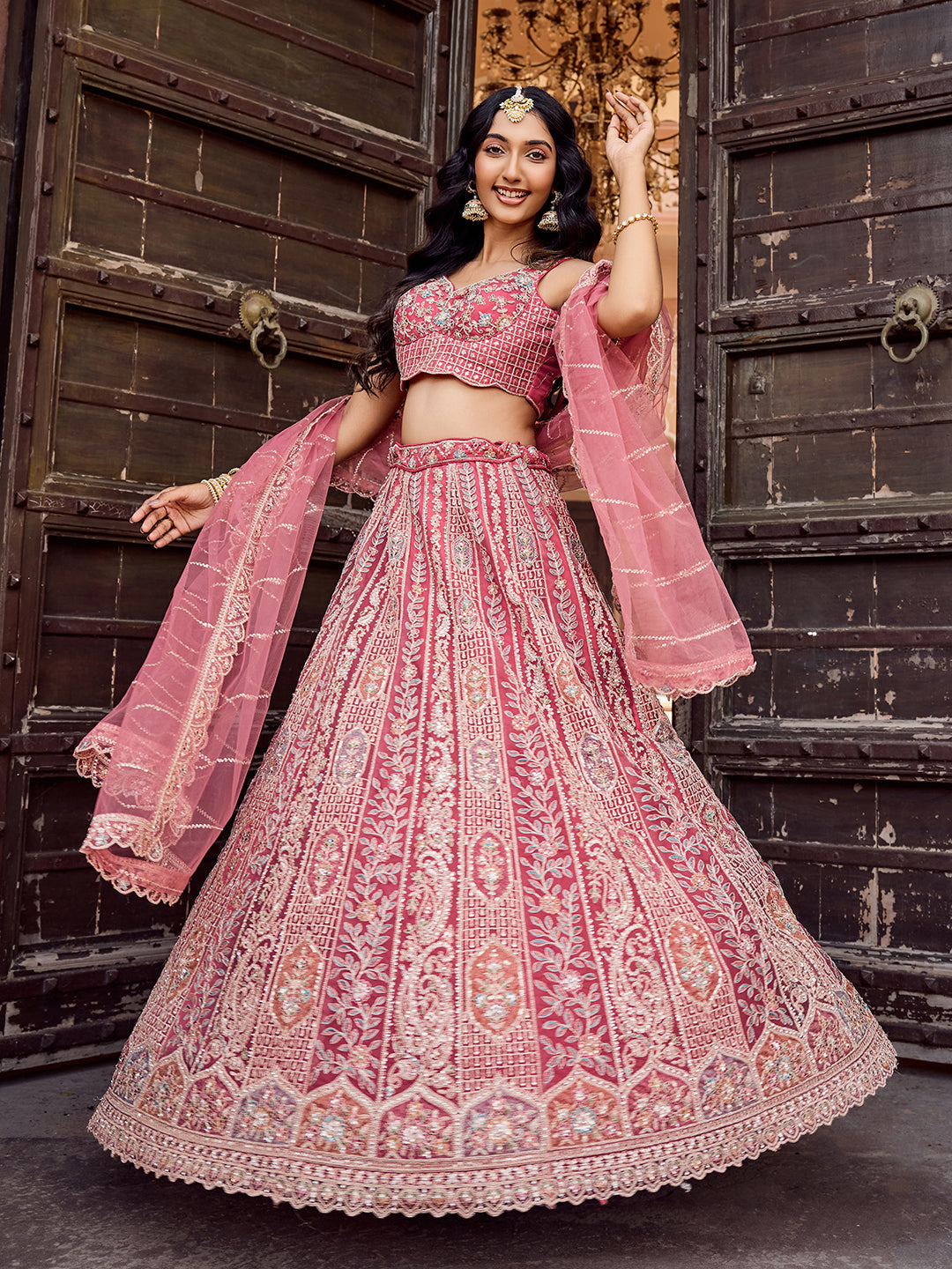 ROSEGOLD - Net Fabric Sequins embroidery Lehenga & Unstitched Blouse With Dupatta