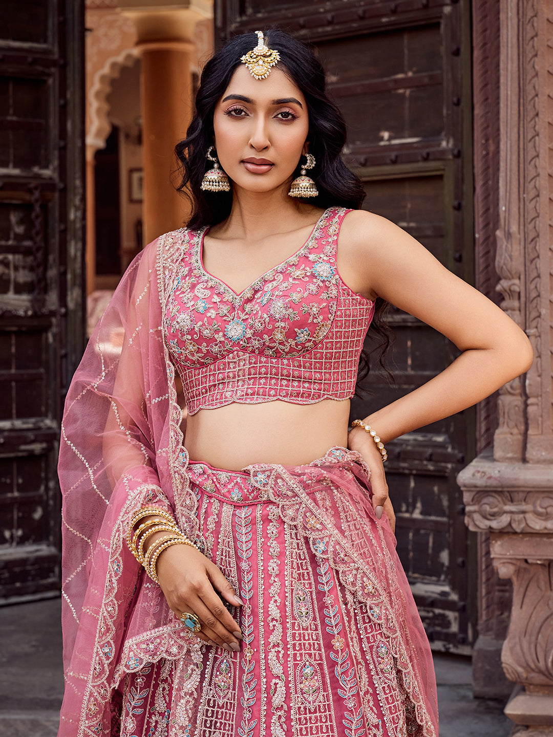 ROSEGOLD - Net Fabric Sequins embroidery Lehenga & Unstitched Blouse With Dupatta