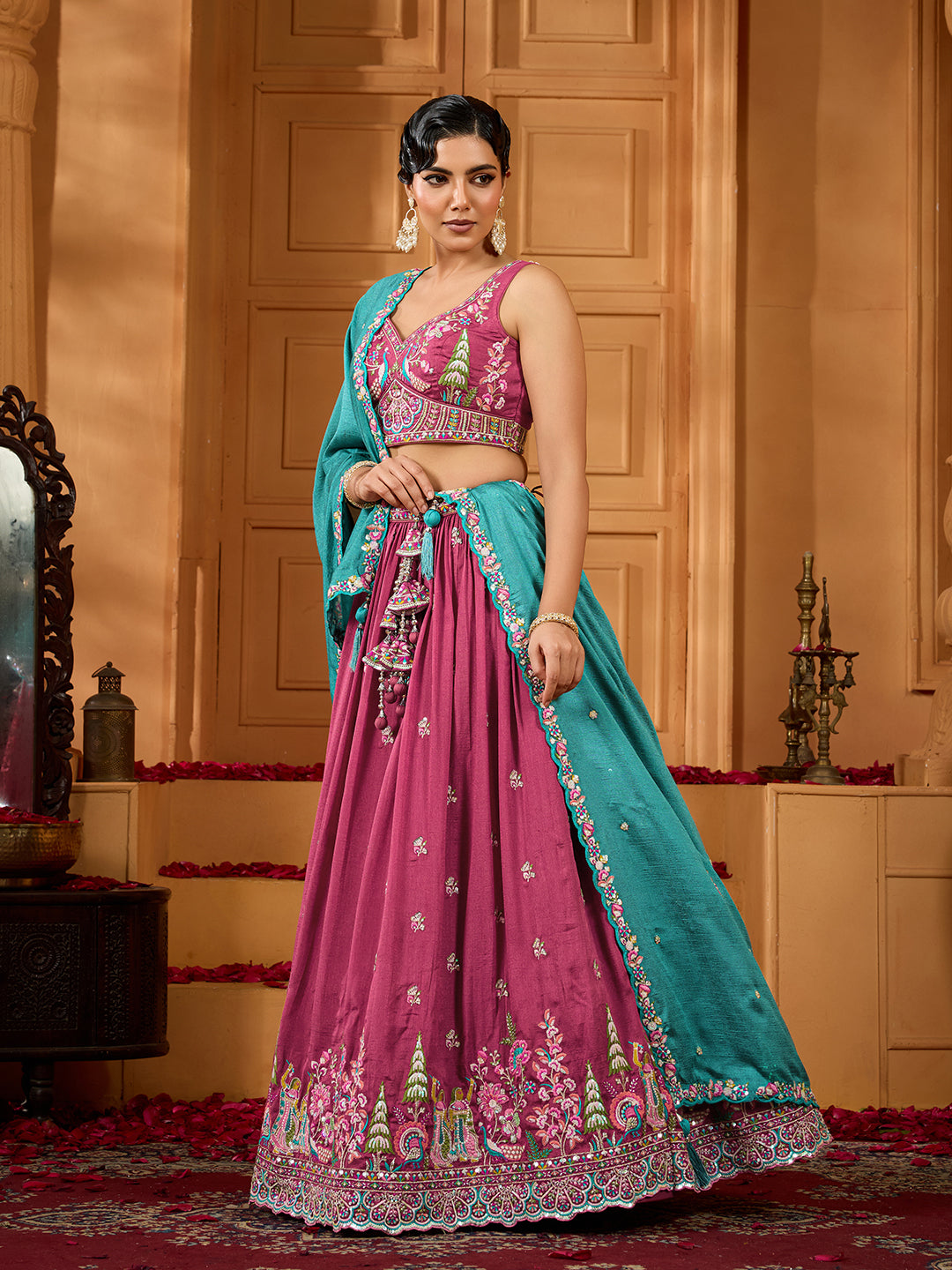 Rosegold- Silk Fabric Sequins embroidery Semi-Stitched Lehenga & Unstitched Blouse With Dupatta - qivii