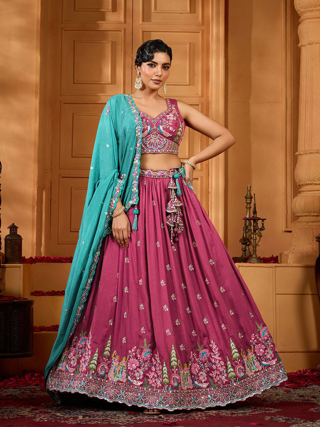 Rosegold- Silk Fabric Sequins embroidery Semi-Stitched Lehenga & Unstitched Blouse With Dupatta - qivii