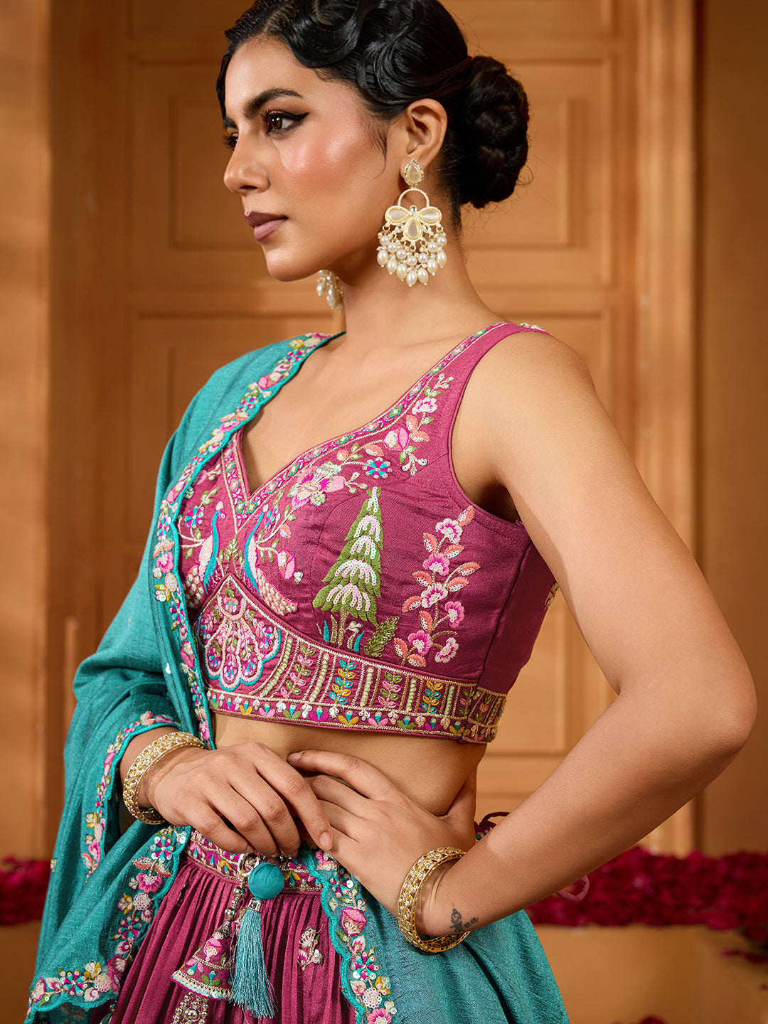 Rosegold- Silk Fabric Sequins embroidery Semi-Stitched Lehenga & Unstitched Blouse With Dupatta - qivii