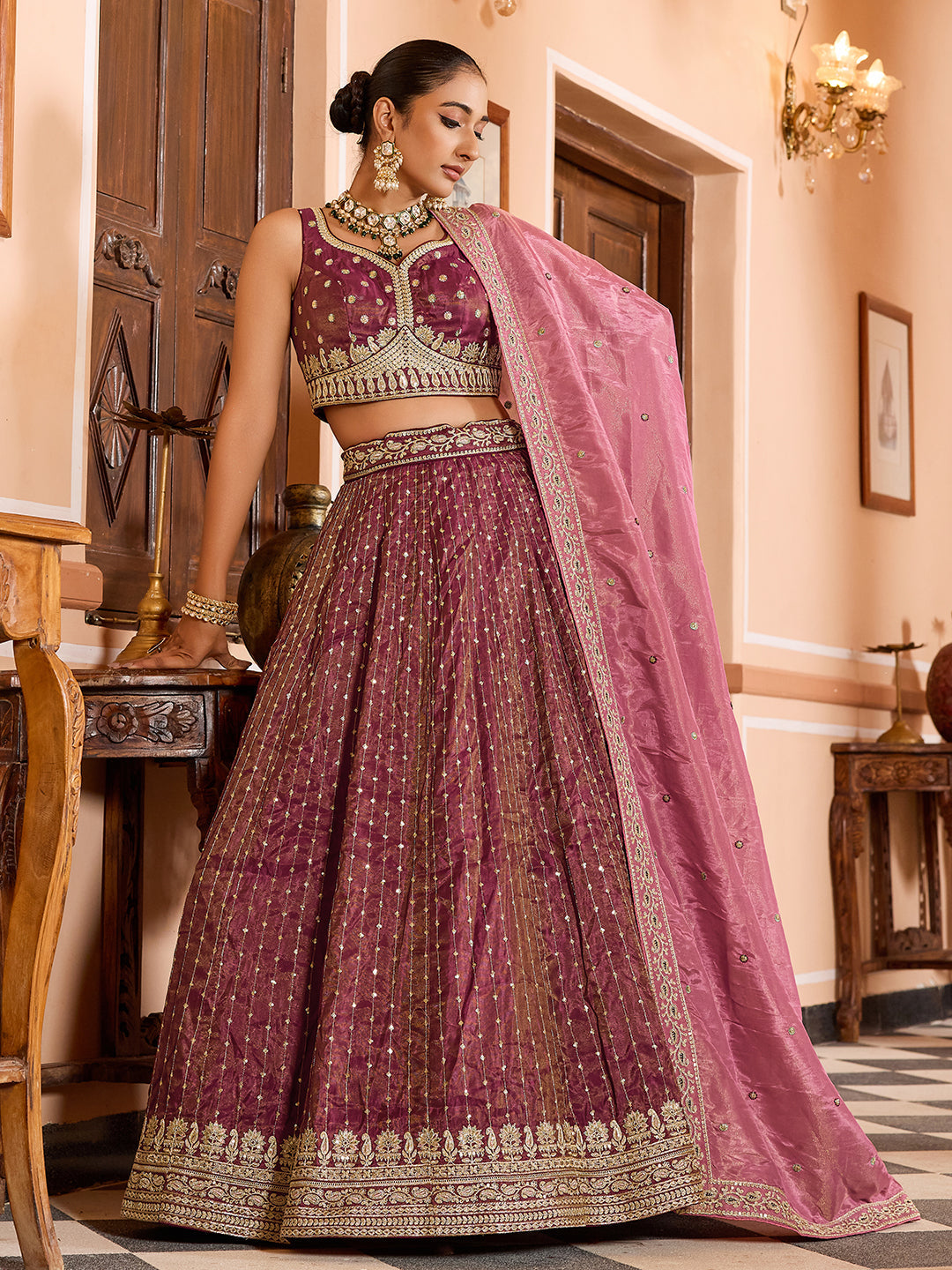 ROSEGOLD - Tissue Silk Fabric Sequins embroidery Lehenga & Unstitched Blouse With Dupatta