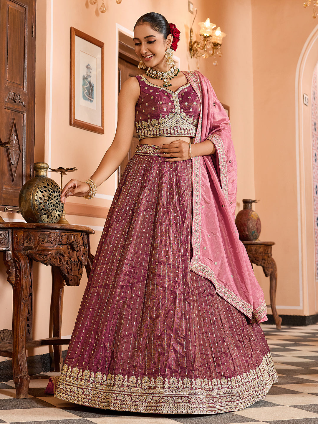 ROSEGOLD - Tissue Silk Fabric Sequins embroidery Semi-Stitched Lehenga & Unstitched Blouse With Dupatta