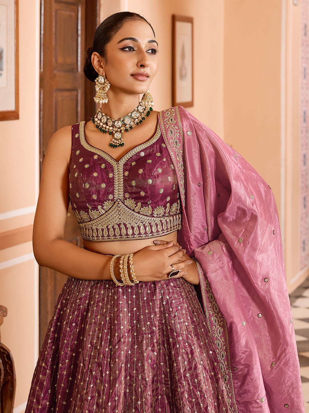 ROSEGOLD - Tissue Silk Fabric Sequins embroidery Lehenga & Unstitched Blouse With Dupatta