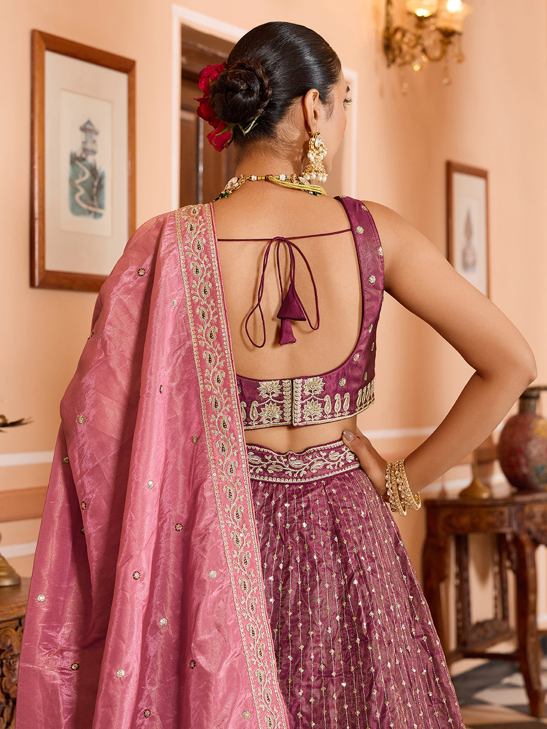 ROSEGOLD - Tissue Silk Fabric Sequins embroidery Lehenga & Unstitched Blouse With Dupatta