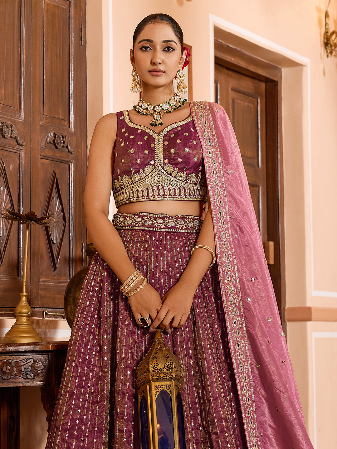 ROSEGOLD - Tissue Silk Fabric Sequins embroidery Lehenga & Unstitched Blouse With Dupatta