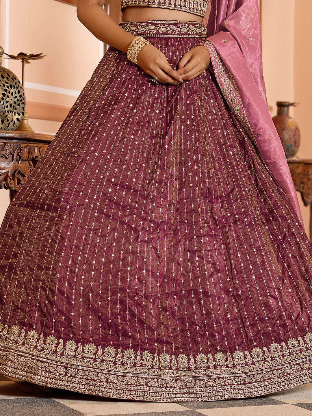 ROSEGOLD - Tissue Silk Fabric Sequins embroidery Lehenga & Unstitched Blouse With Dupatta