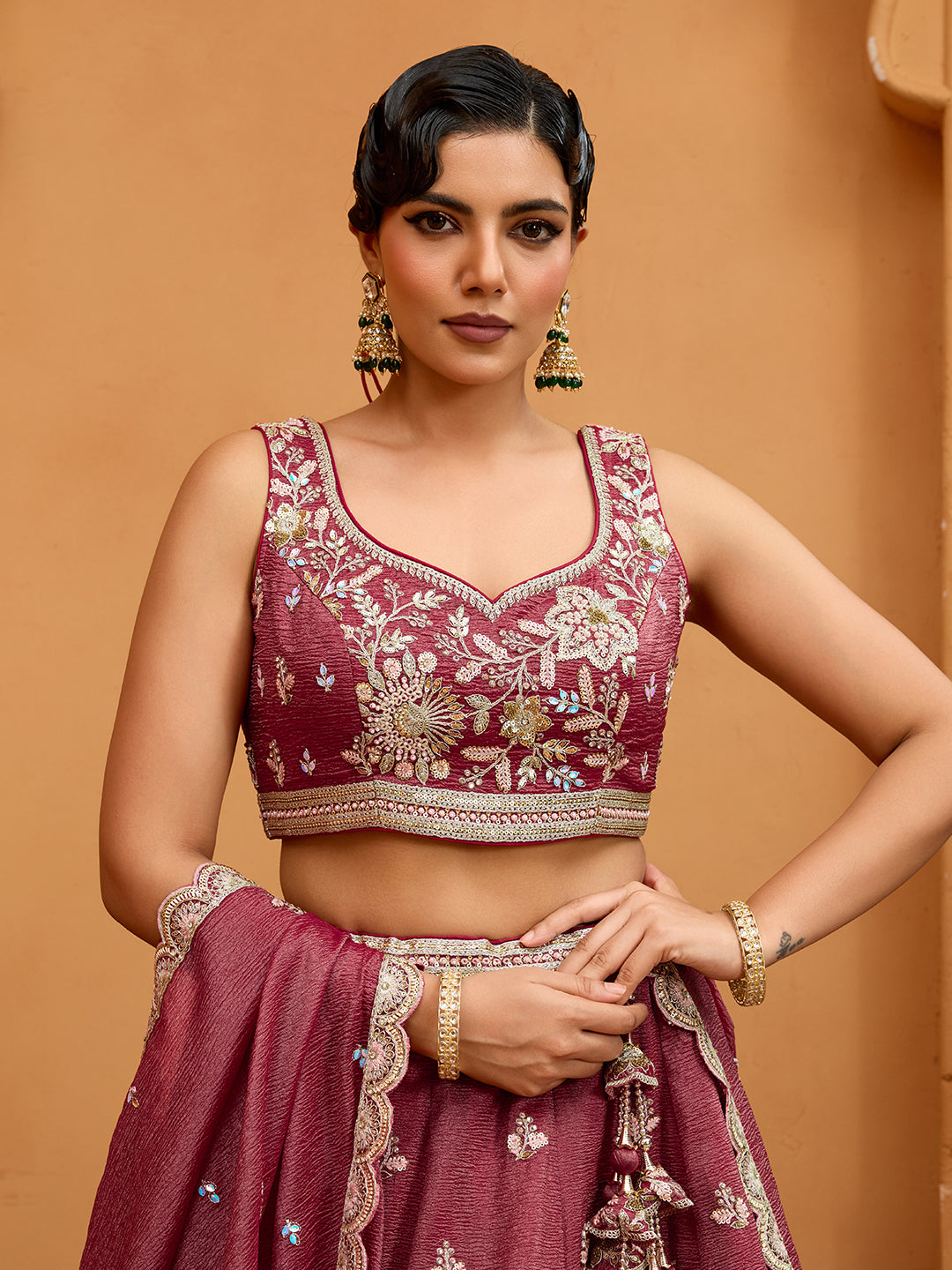 Rosegold- Tissue Fabric Sequins embroidery Semi-Stitched Lehenga & Unstitched Blouse With Dupatta - qivii