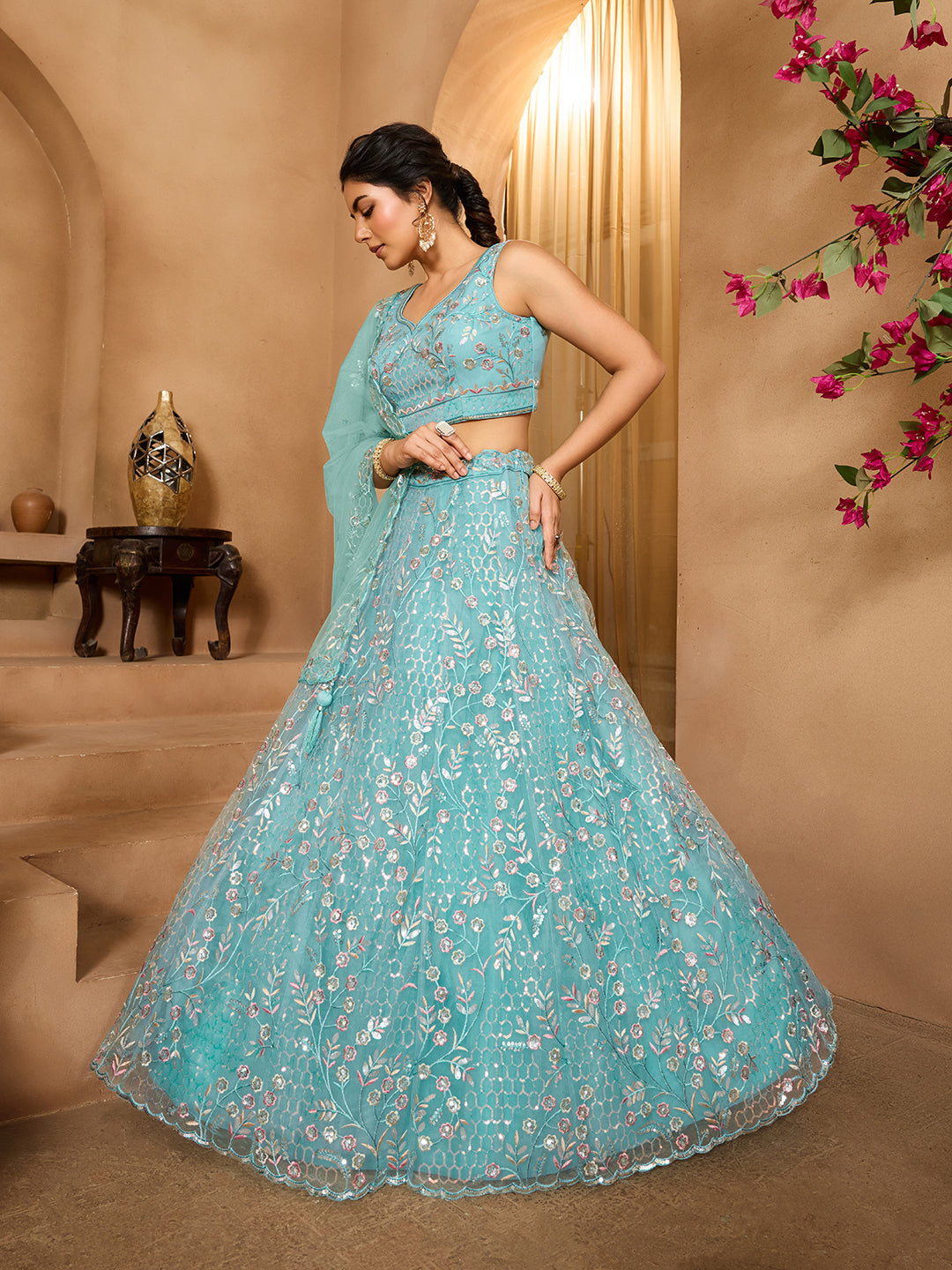 Seagreen- Net Fabric Sequins embroidery Semi-Stitched Lehenga & Unstitched Blouse With Dupatta - qivii