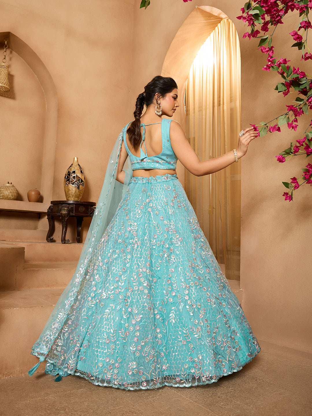 Seagreen- Net Fabric Sequins embroidery Semi-Stitched Lehenga & Unstitched Blouse With Dupatta - qivii