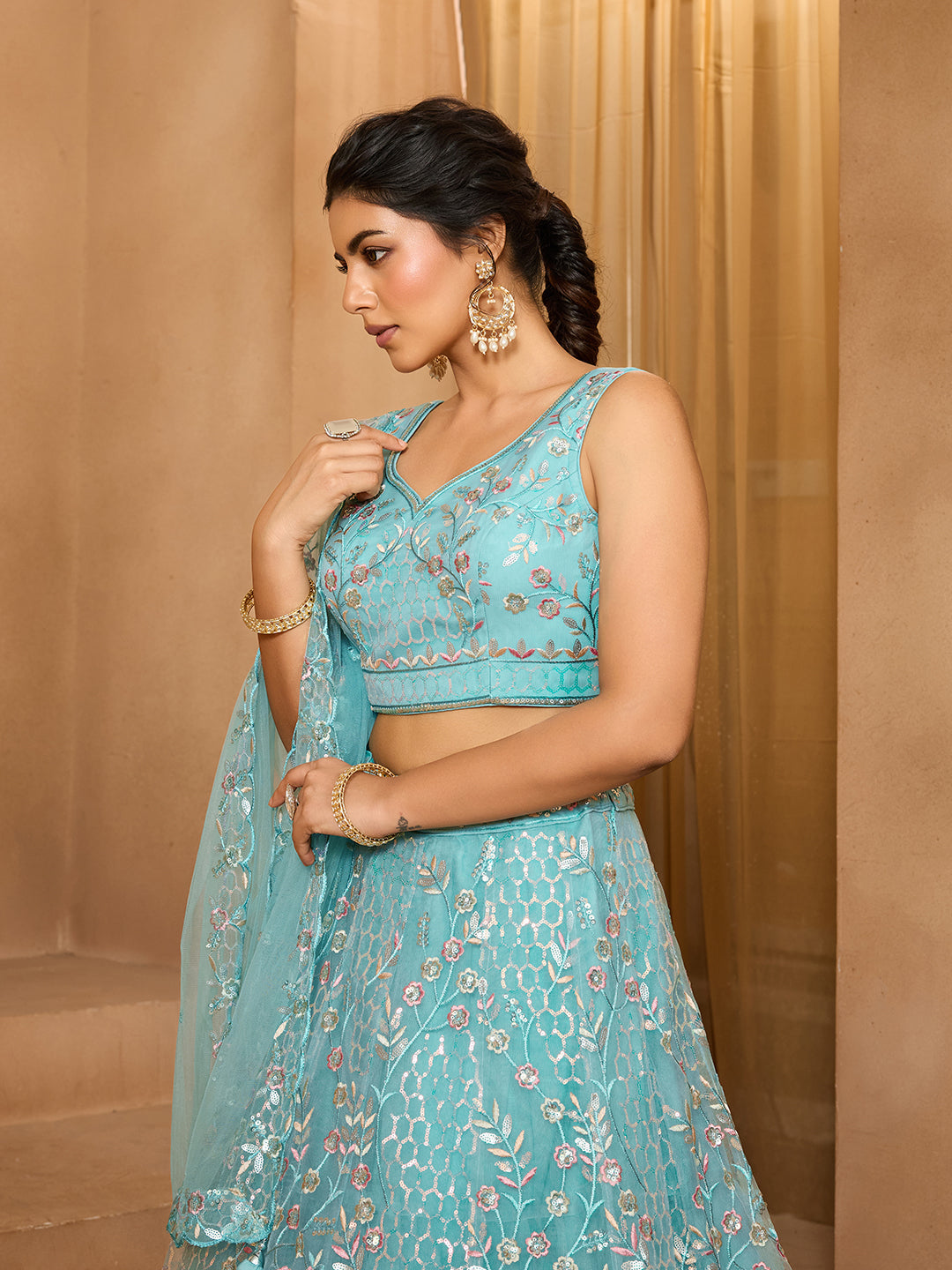 Seagreen- Net Fabric Sequins embroidery Semi-Stitched Lehenga & Unstitched Blouse With Dupatta - qivii