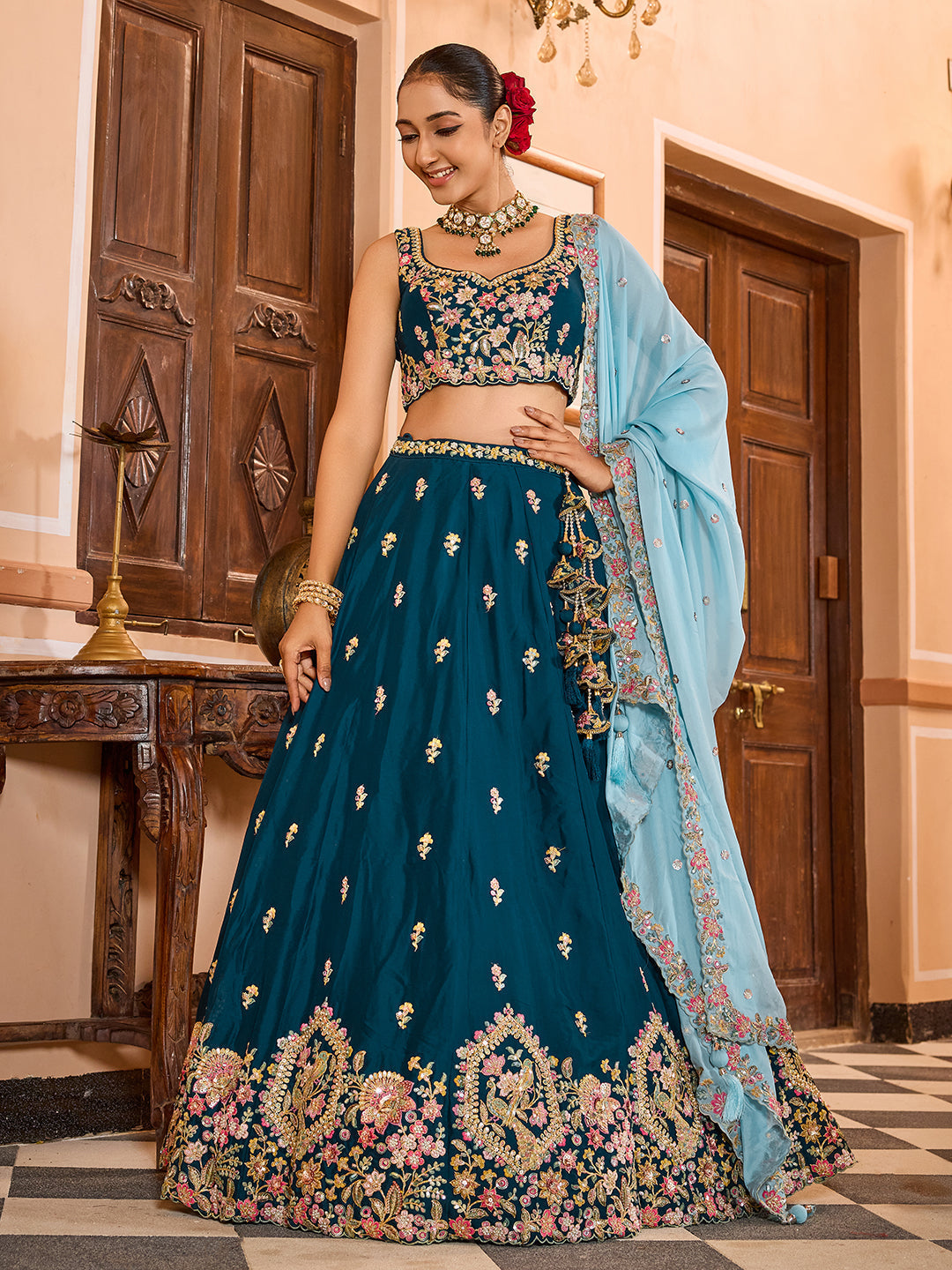 TEAL - Georgette Fabric Sequins embroidery Lehenga & Unstitched Blouse With Dupatta