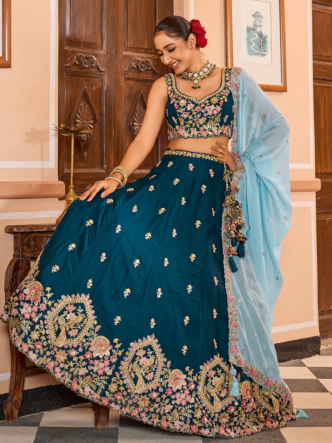 TEAL - Georgette Fabric Sequins embroidery Semi-Stitched Lehenga & Unstitched Blouse With Dupatta