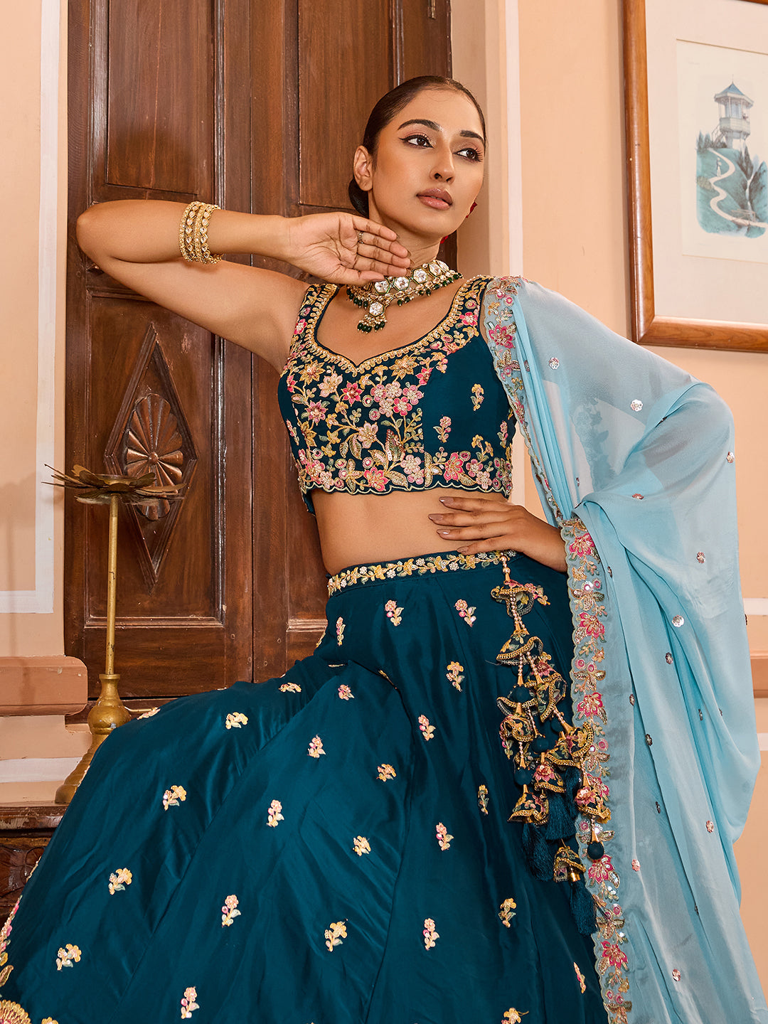TEAL - Georgette Fabric Sequins embroidery Lehenga & Unstitched Blouse With Dupatta