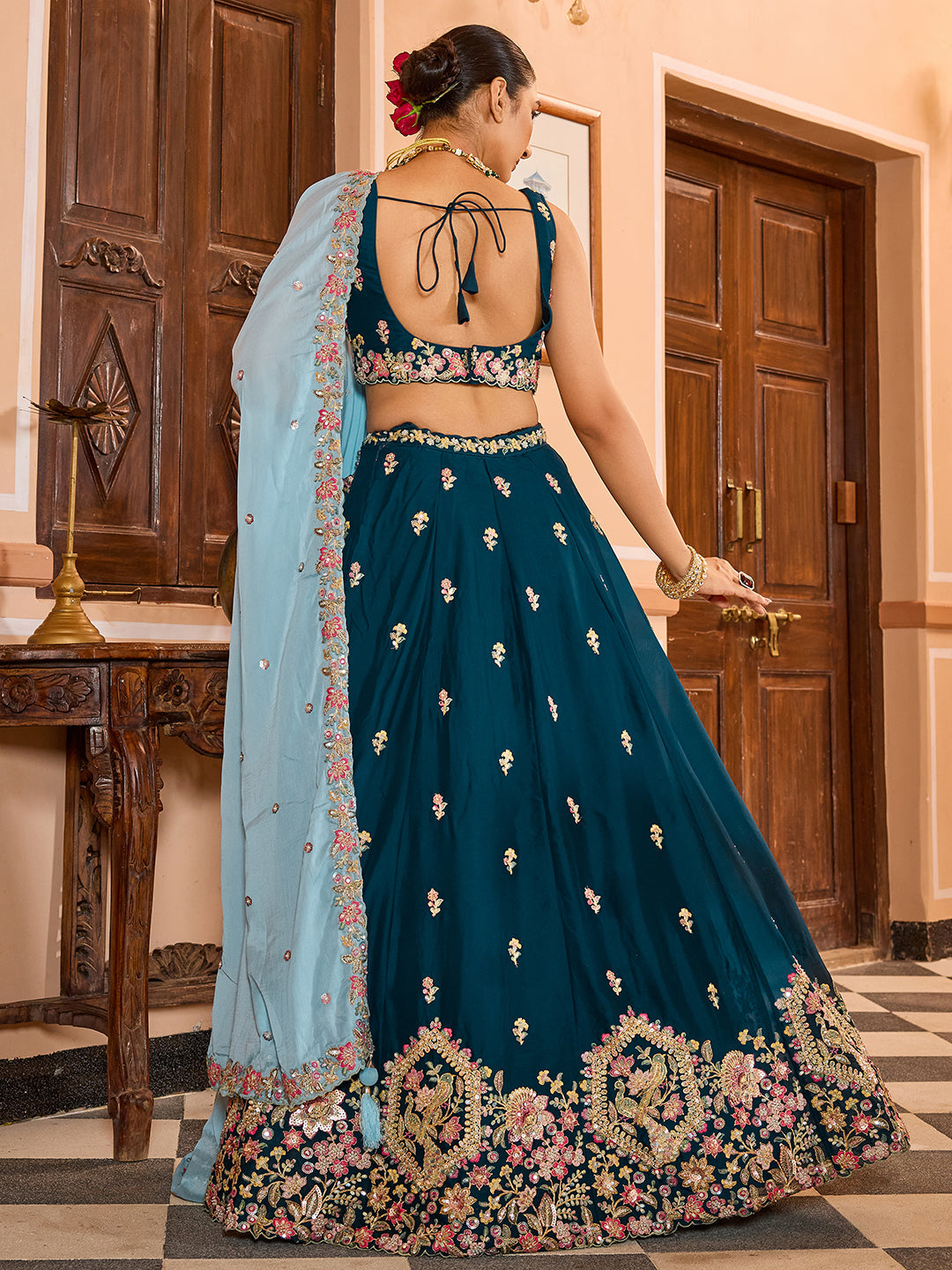 TEAL - Georgette Fabric Sequins embroidery Semi-Stitched Lehenga & Unstitched Blouse With Dupatta