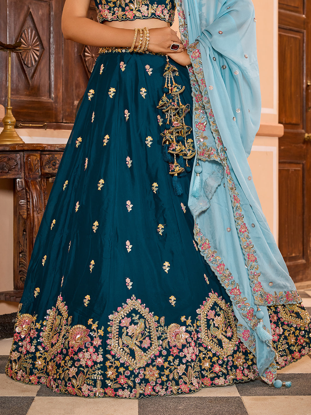 TEAL - Georgette Fabric Sequins embroidery Semi-Stitched Lehenga & Unstitched Blouse With Dupatta