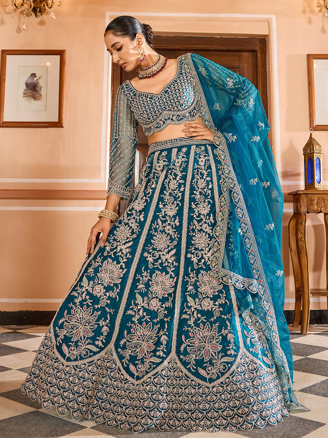 TEAL - Net Fabric Sequins embroidery Semi-Stitched Lehenga & Unstitched Blouse With Dupatta
