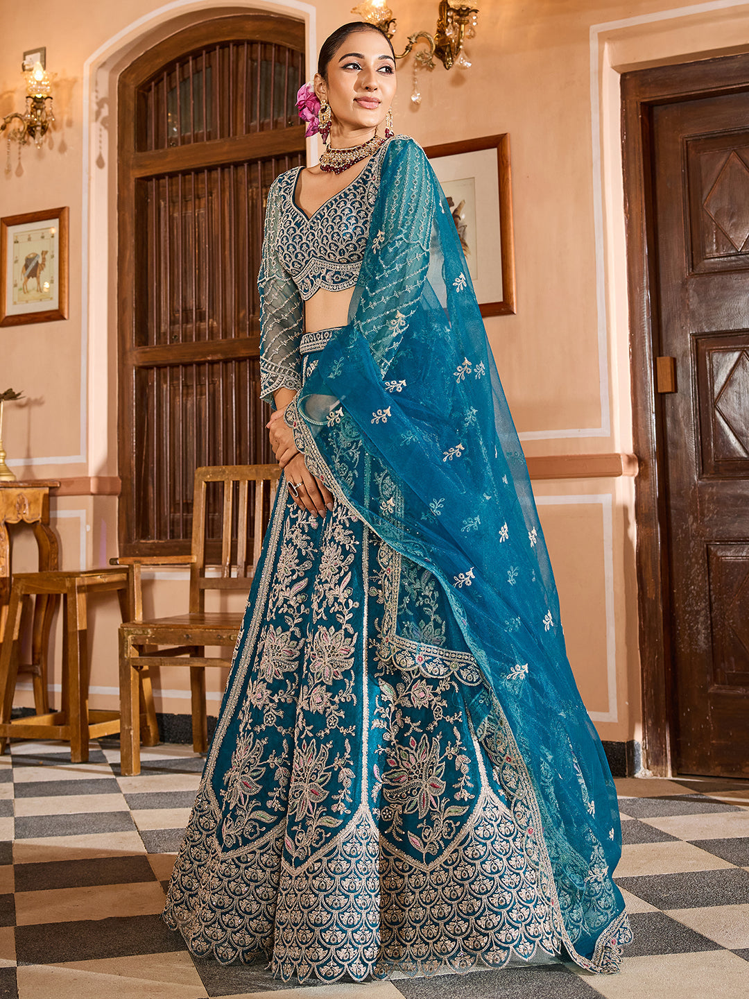 TEAL - Net Fabric Sequins embroidery Lehenga & Unstitched Blouse With Dupatta