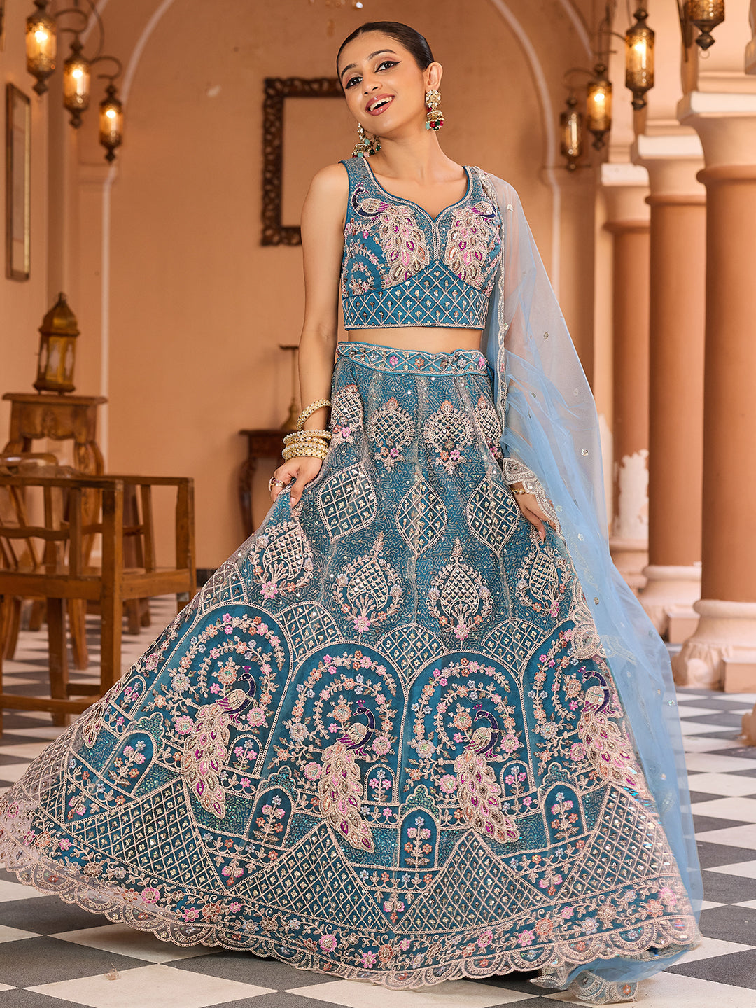 TEAL - Net Fabric Sequins embroidery Semi-Stitched Lehenga & Unstitched Blouse With Dupatta