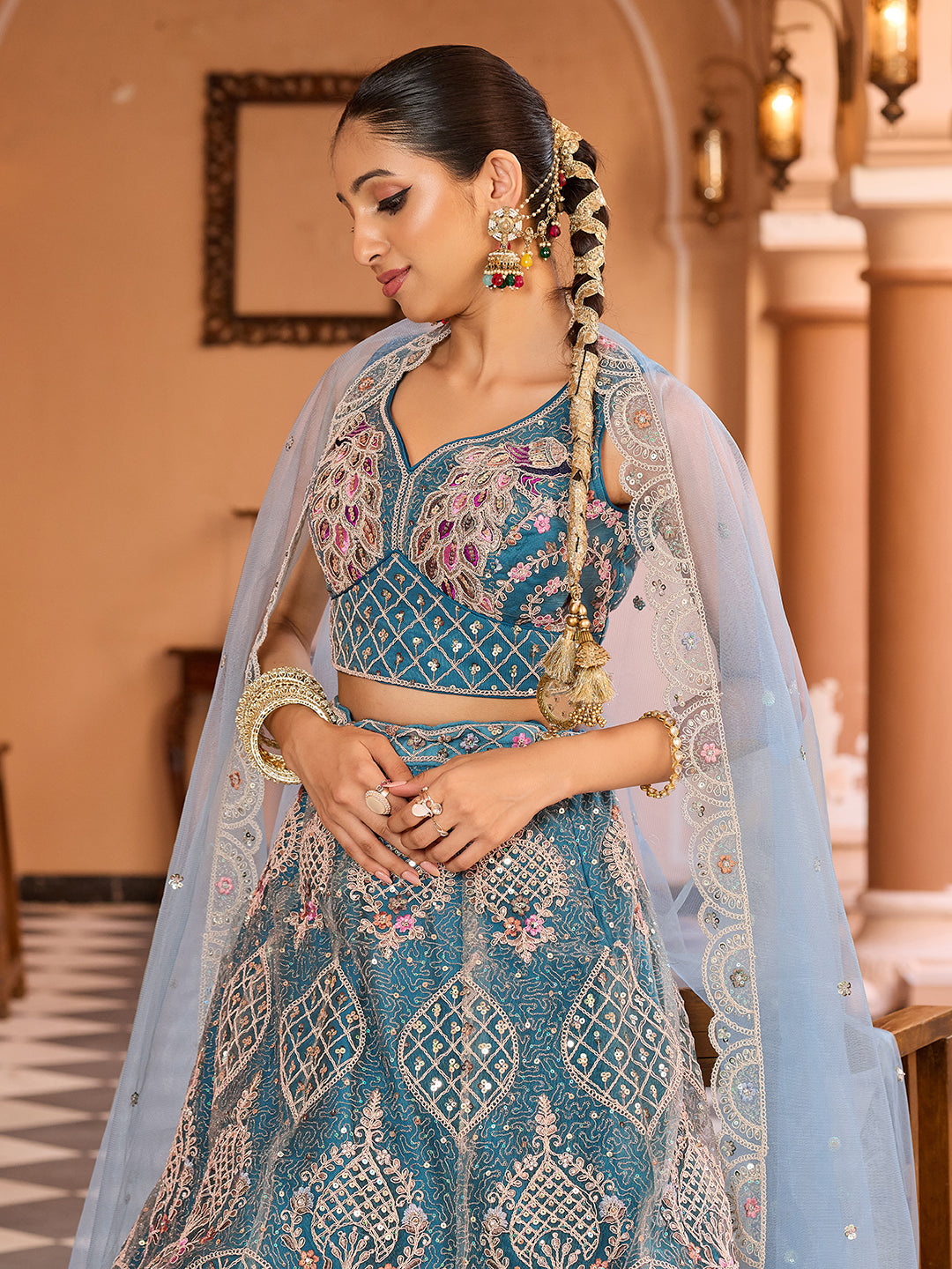 TEAL - Net Fabric Sequins embroidery Semi-Stitched Lehenga & Unstitched Blouse With Dupatta