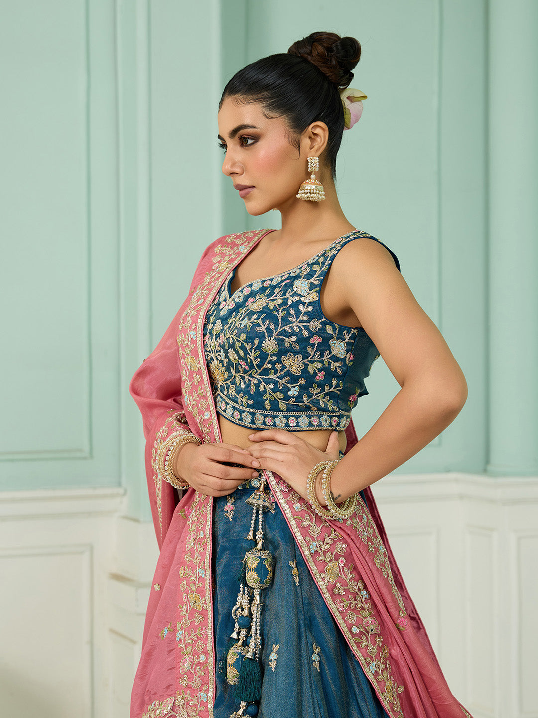 Teal- Silk Fabric Sequins embroidery Semi-Stitched Lehenga & Unstitched Blouse With Dupatta - qivii