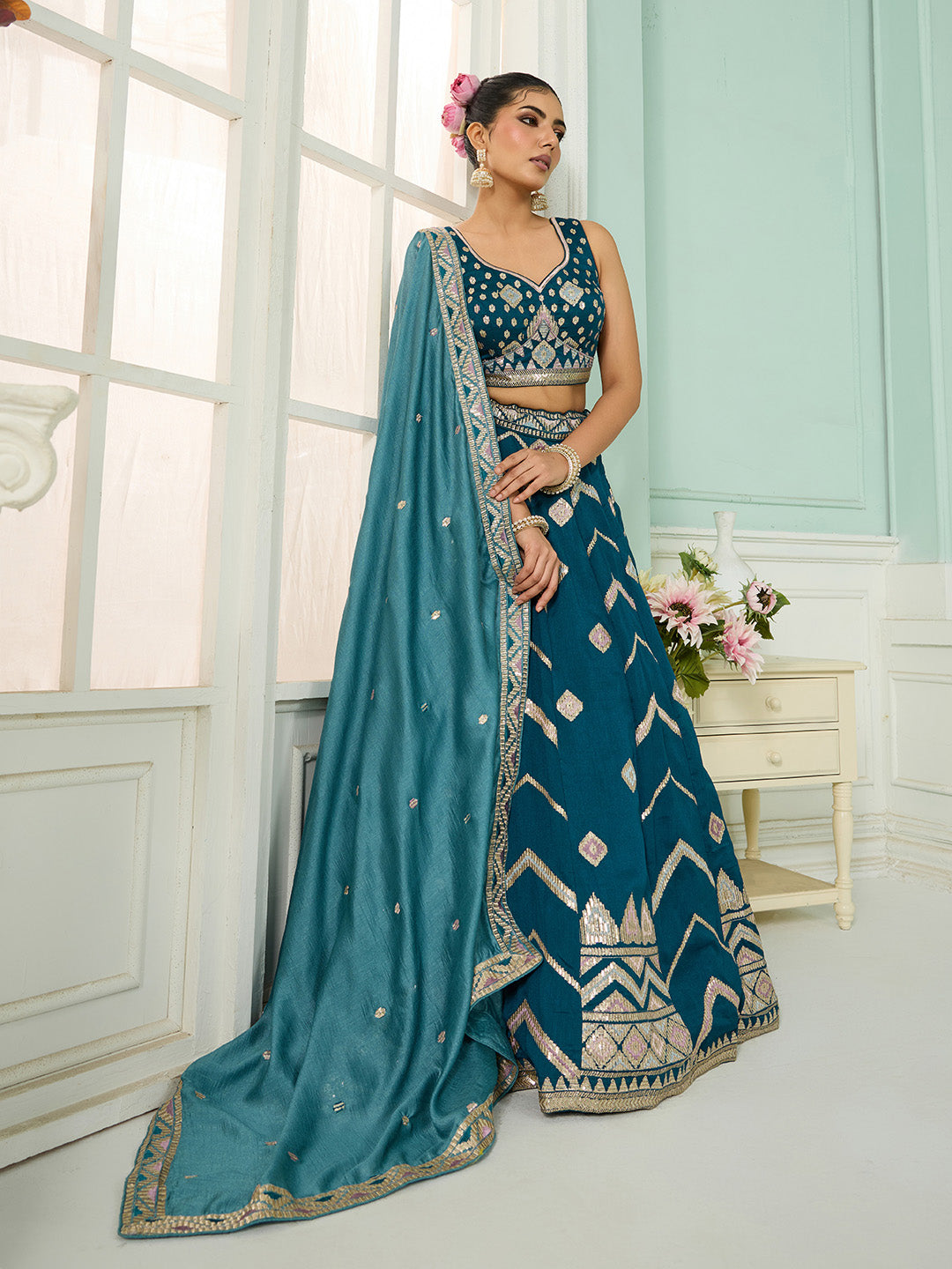 Teal- Silk Fabric Sequins embroidery Semi-Stitched Lehenga & Unstitched Blouse With Dupatta - qivii