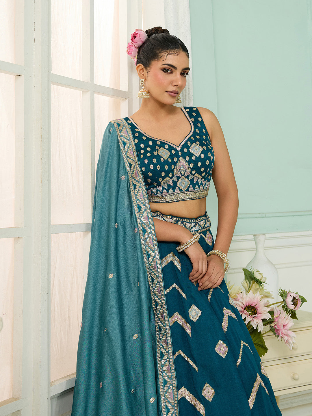 Teal- Silk Fabric Sequins embroidery Semi-Stitched Lehenga & Unstitched Blouse With Dupatta - qivii