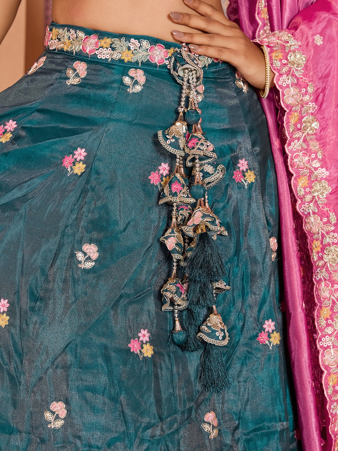 TEAL - Tissue Fabric Sequins embroidery Semi-Stitched Lehenga & Unstitched Blouse With Dupatta