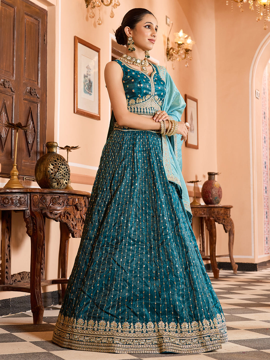 TEAL - Tissue Silk Fabric Sequins embroidery Lehenga & Unstitched Blouse With Dupatta