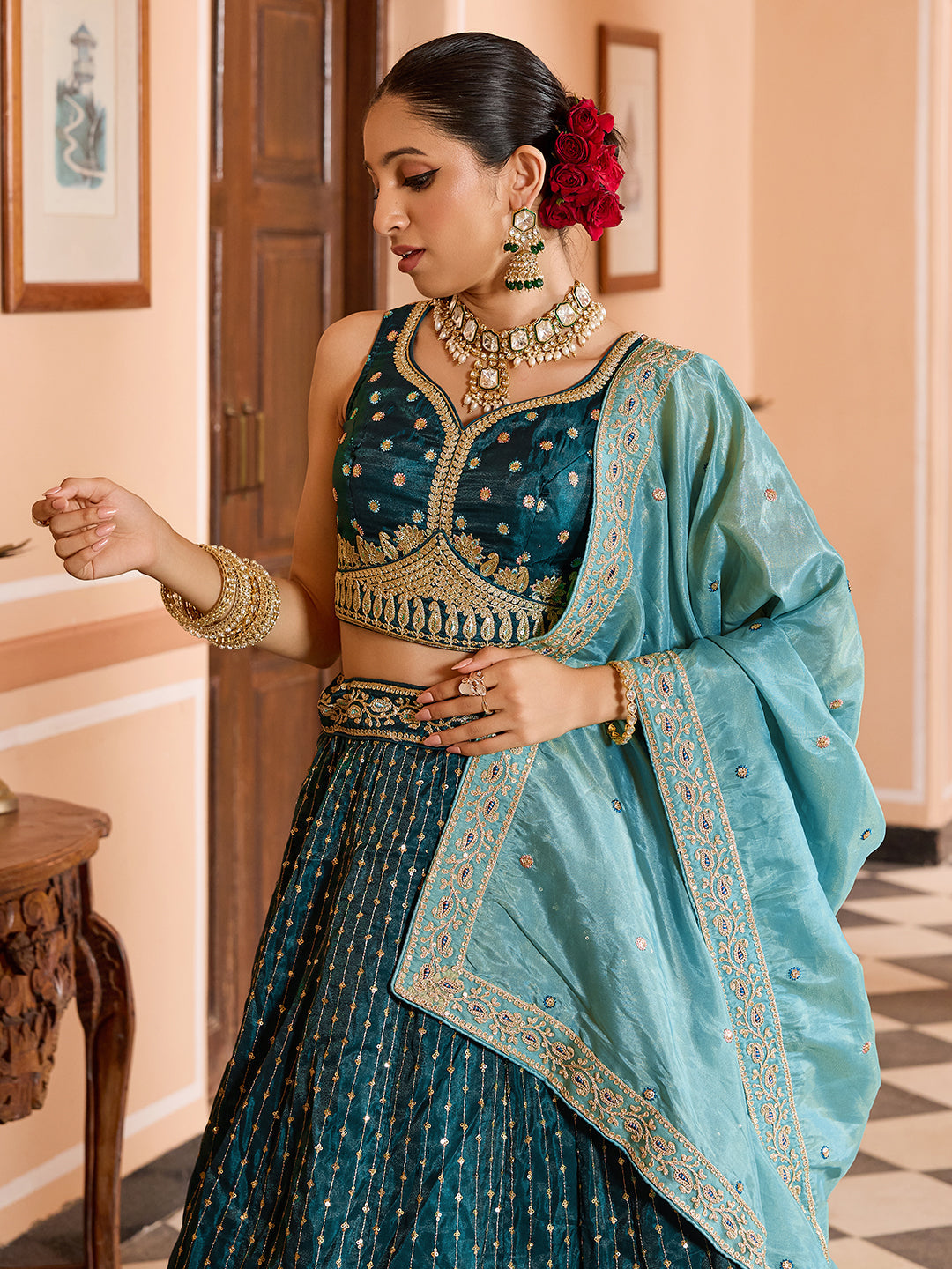 TEAL - Tissue Silk Fabric Sequins embroidery Lehenga & Unstitched Blouse With Dupatta