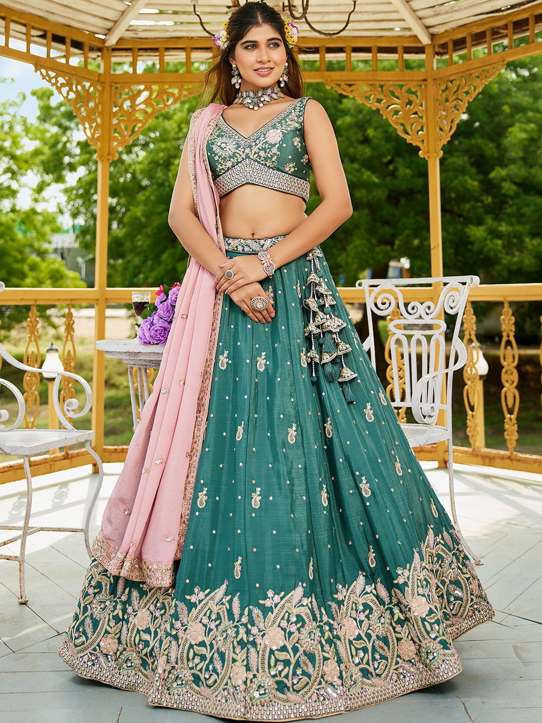 Teal - Chinnon Sequinse embroidery Lehenga choli & Dupatta