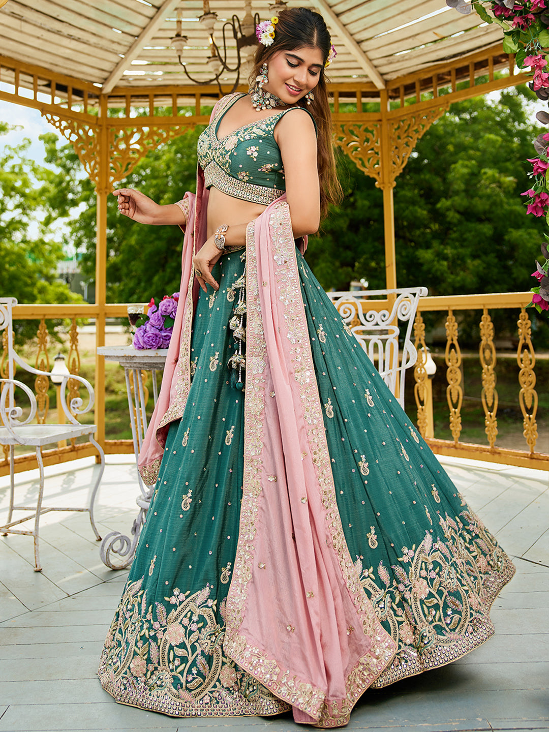 Teal - Chinnon Sequinse embroidery Lehenga choli & Dupatta