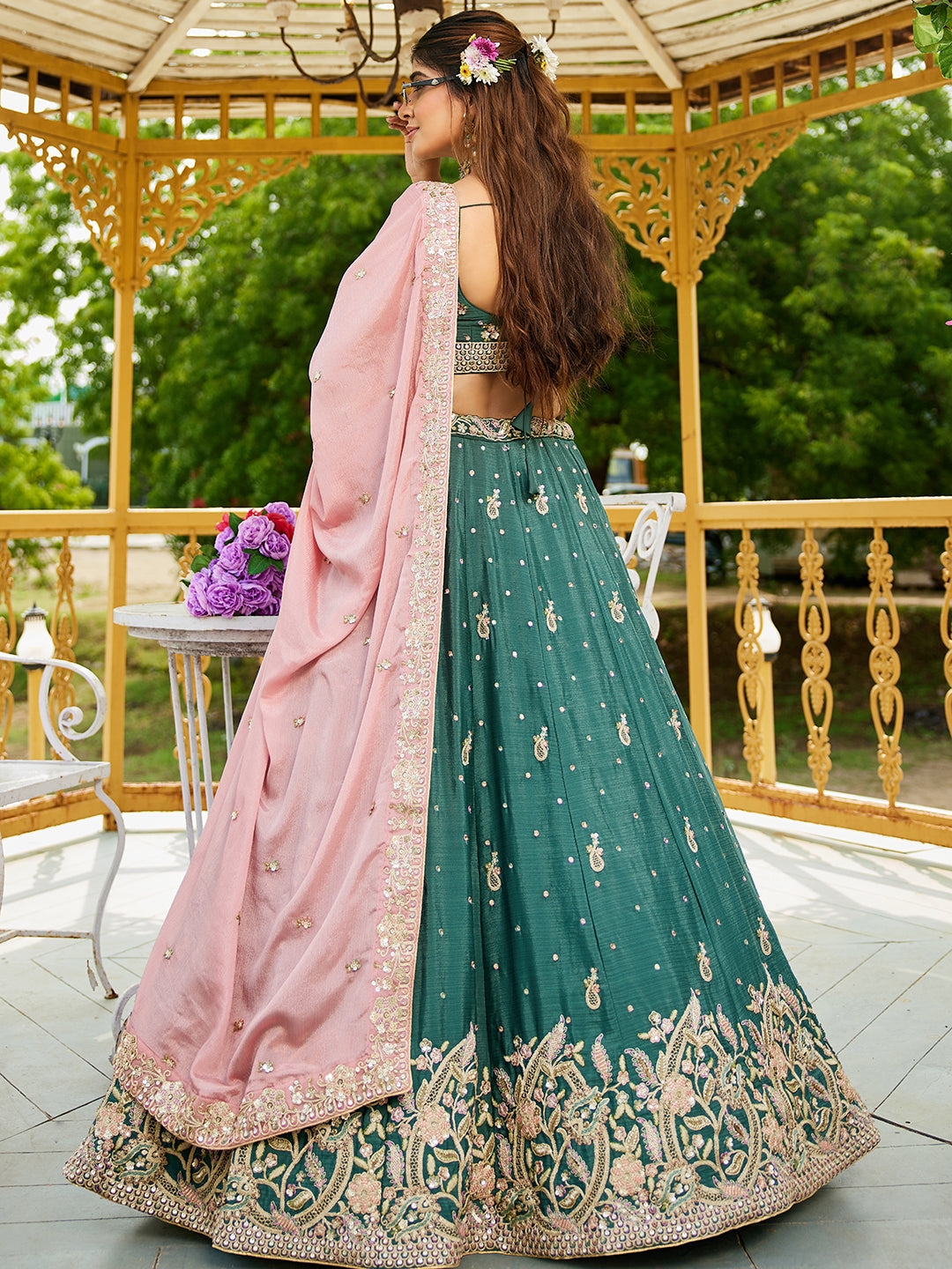 Teal - Chinnon Sequinse embroidery Lehenga choli & Dupatta